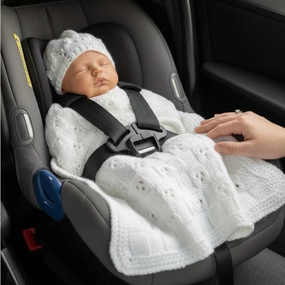 Carseat Baby Blanket Hand Crafted White Knitted Unisex